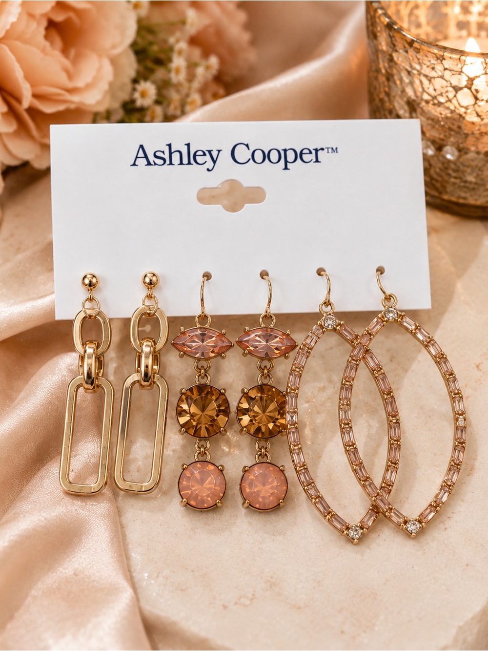 ✨ Ashley Cooper Gold & Peach Mixed Earring Set – 3 Pairs ✨
